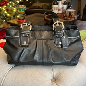 Coach Black Leather Shoulder Handbag Purse With Silver Hardware & Black Wristlet